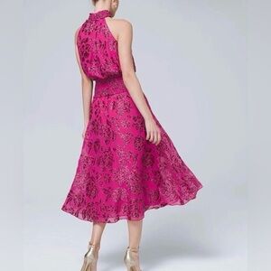 White House Black Market Pink Floral Burnout Smock-Neck Midi Dress